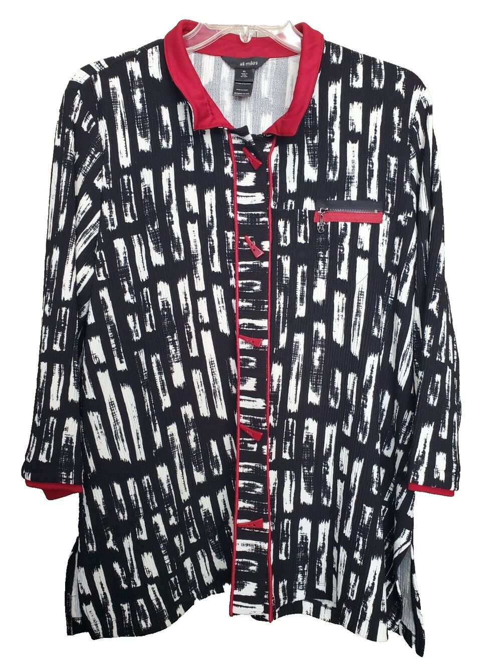 Ali Miles Black White Red Crinkle Gauzy Button-Up Tunic Size XL NWT Artsy Boho